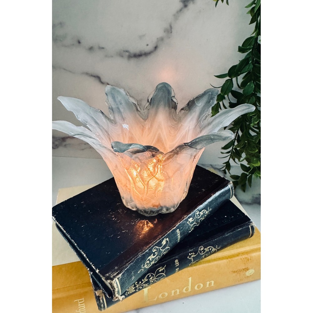 Vintage Murano Art Glass Lotus Candle Holder Frosted‎ Italy Bowl